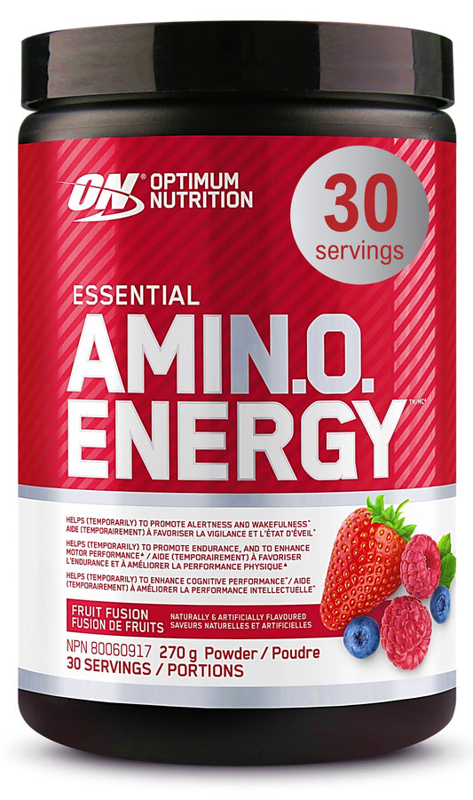 Optimum Nutrition Amino Energy Powder: Pre- workout & Anytime energy with Green tea, Green coffee extract + BCAA's - Fruit fusion: 30 servings [270g] (packaging may vary)