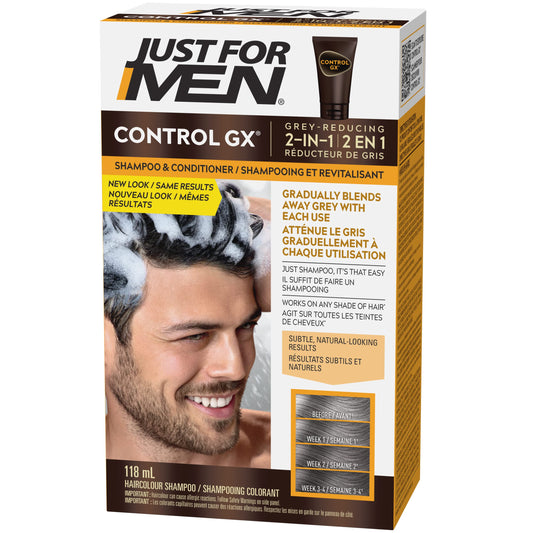 Just For Men Control GX Grey Reducing 2-in-1 Shampoo and Conditioner, Gradual Hair Color for Men, Stronger and Healthier Hair, 118ml - Pack of 1, Packaging May Vary