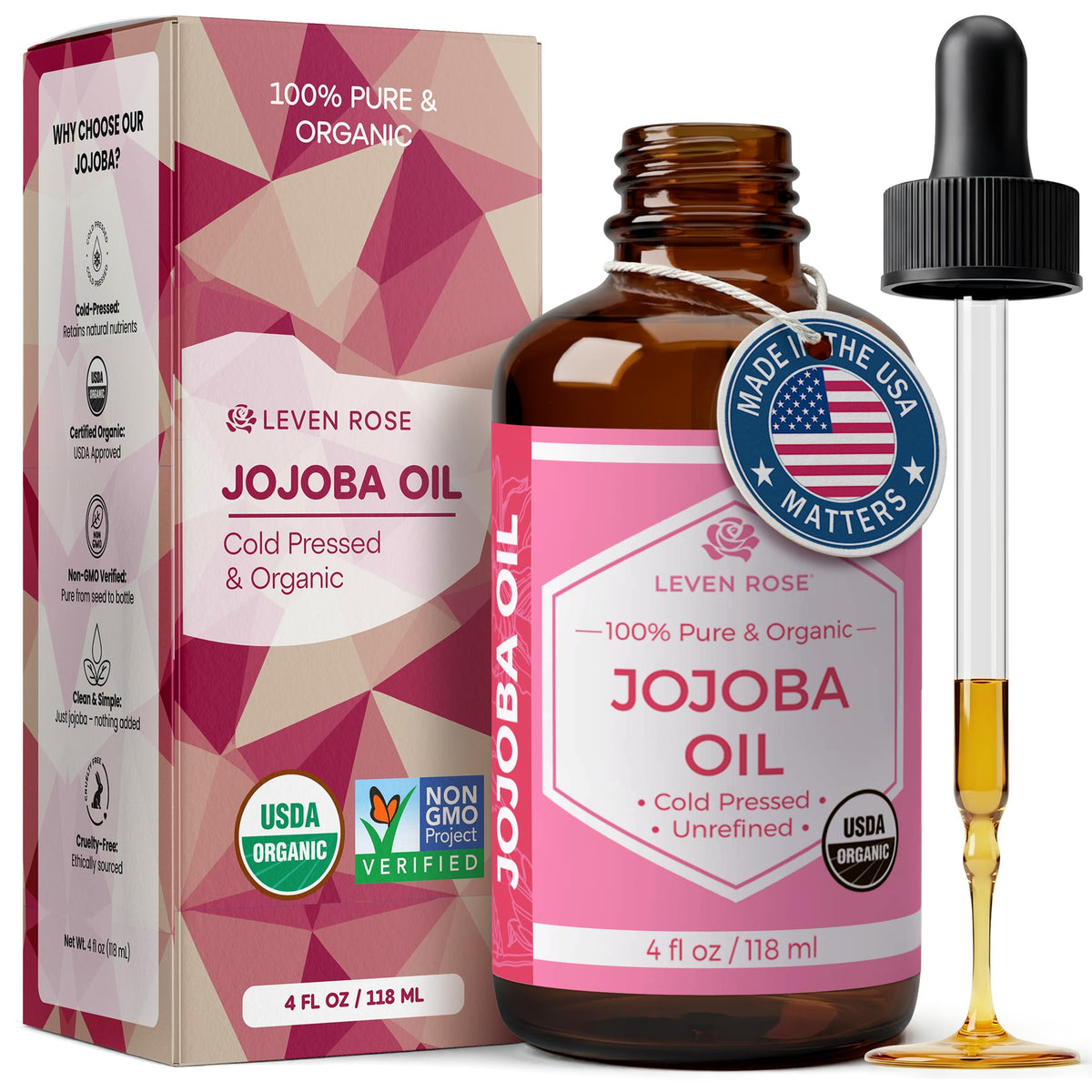 Leven Rose Jojoba Oil Organic, Pure Cold Pressed Carrier Oil, Natural Unrefined Moisturizer for Skin Hair and Nails 4 oz