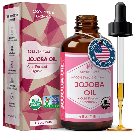 Leven Rose Jojoba Oil Organic, Pure Cold Pressed Carrier Oil, Natural Unrefined Moisturizer for Skin Hair and Nails 4 oz
