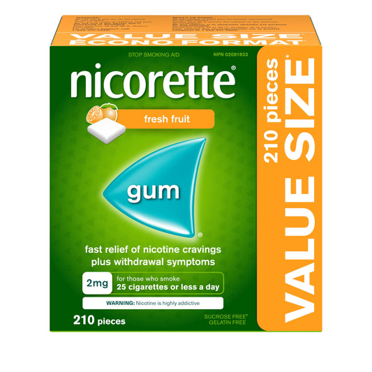 Nicorette Quit Smoking Aid, Nicotine Gum smoking cessation aid, Fresh Fruit, 2mg, 210 Pieces Value Size