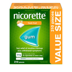 Nicorette Quit Smoking Aid, Nicotine Gum smoking cessation aid, Fresh Fruit, 2mg, 210 Pieces Value Size