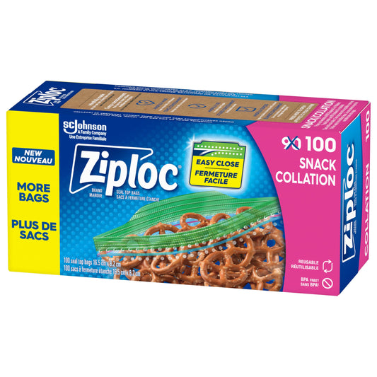 Ziploc Snack Bags for On-the-Go Freshness, Grip 'n Seal Technology for Easier Grip, Open and Close, 100 Count