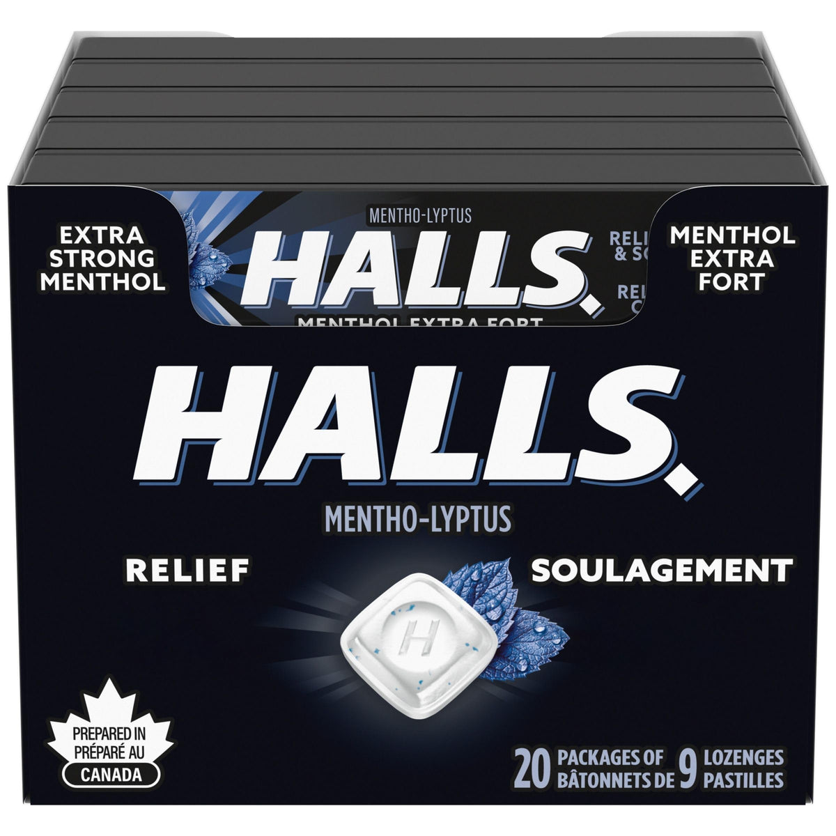 HALLS Extra Strong Cough Drops, 20 Packs of 9 lozenges, Throat Lozenges, Sore Throat Relief, Relieves Cough, Mentho-Lyptus, Prepared in Canada