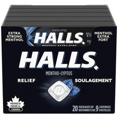 HALLS Extra Strong Cough Drops, 20 Packs of 9 lozenges, Throat Lozenges, Sore Throat Relief, Relieves Cough, Mentho-Lyptus, Prepared in Canada