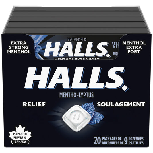 HALLS Extra Strong Cough Drops, 20 Packs of 9 lozenges, Throat Lozenges, Sore Throat Relief, Relieves Cough, Mentho-Lyptus, Prepared in Canada