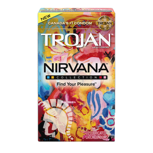 TROJAN Nirvana Collection Variety Pack Lubricated Latex Condoms, 10 Count, 4 Types of Lubricated Latex Condoms, Unique Sensation Depending on Your Mood - Real, Bold, Amplified and Breathless