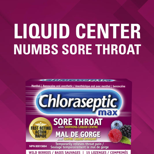 Chloraseptic Maximum Strength Sore Throat Lozenges with soothing liquid centre - Wild Berries, 15 lozenges