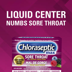 Chloraseptic Maximum Strength Sore Throat Lozenges with soothing liquid centre - Wild Berries, 15 lozenges