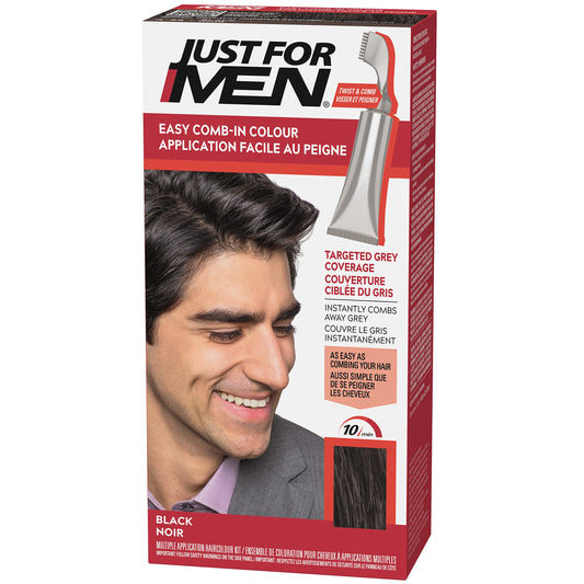 Just For Men Easy Comb-In Hair Color for Men, Easy No Mix Application with Comb Applicator - Real Black, A-55, Pack of 1