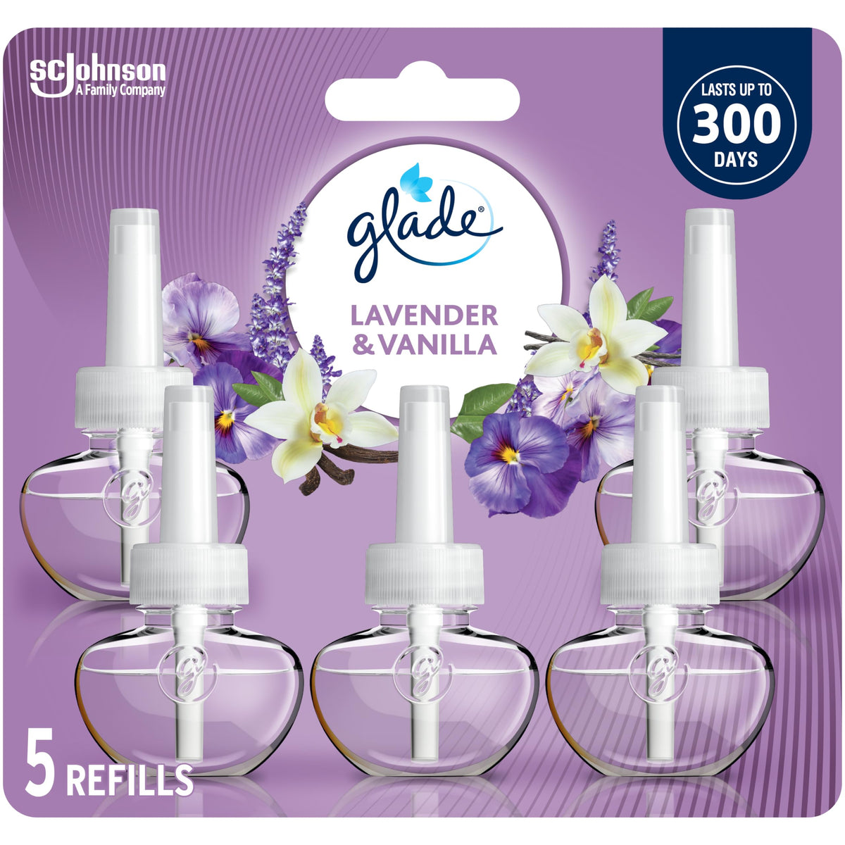 Glade PlugIns Air Freshener Oil Refill, Scented and Essential Oils for Home and Bathroom, Lavender & Vanilla, 5 Refills