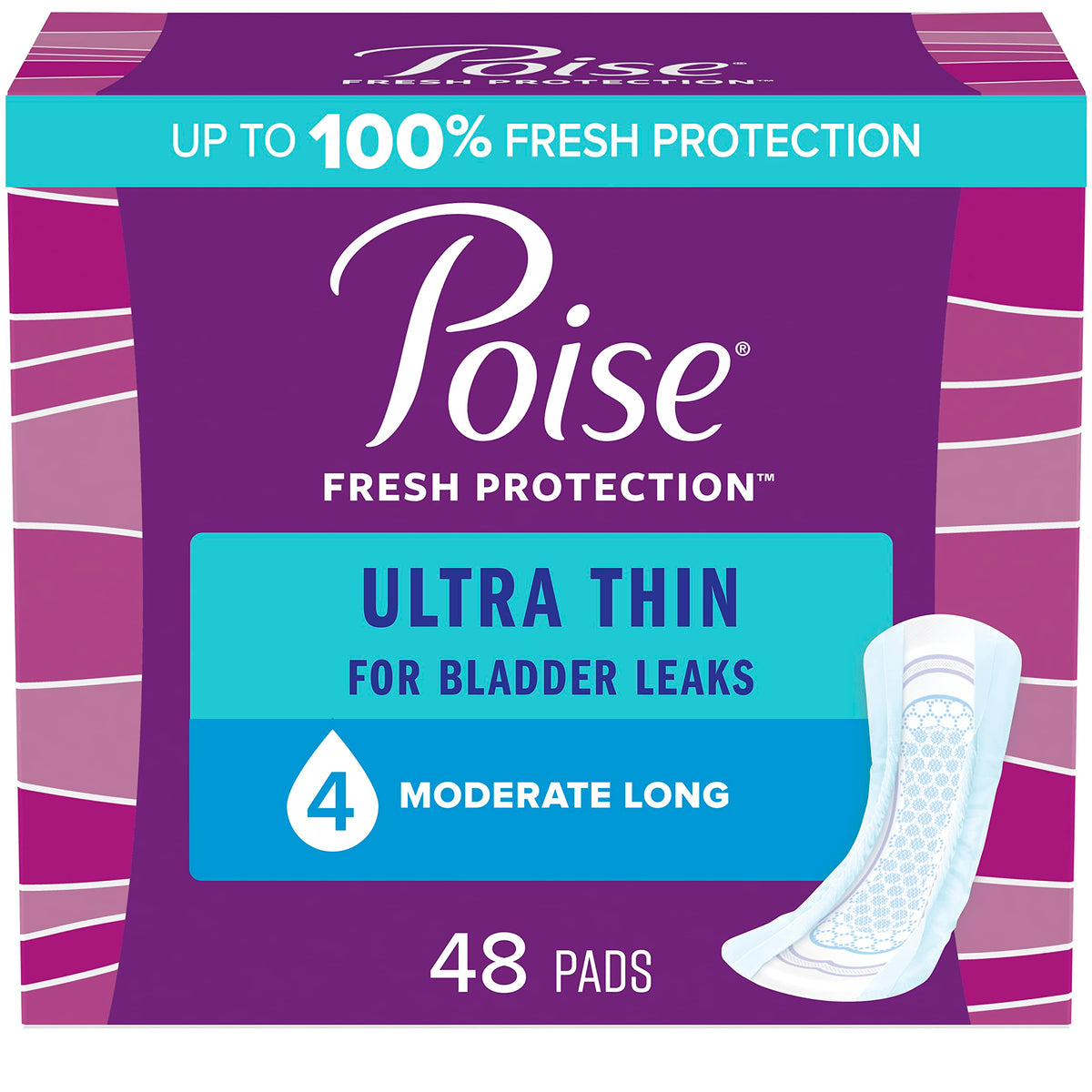 Poise Ultra Thin Incontinence Pads & Postpartum Incontinence Pads, 4 Drop Moderate Absorbency, Long Length, 48 Count