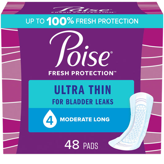 Poise Ultra Thin Incontinence Pads & Postpartum Incontinence Pads, 4 Drop Moderate Absorbency, Long Length, 48 Count