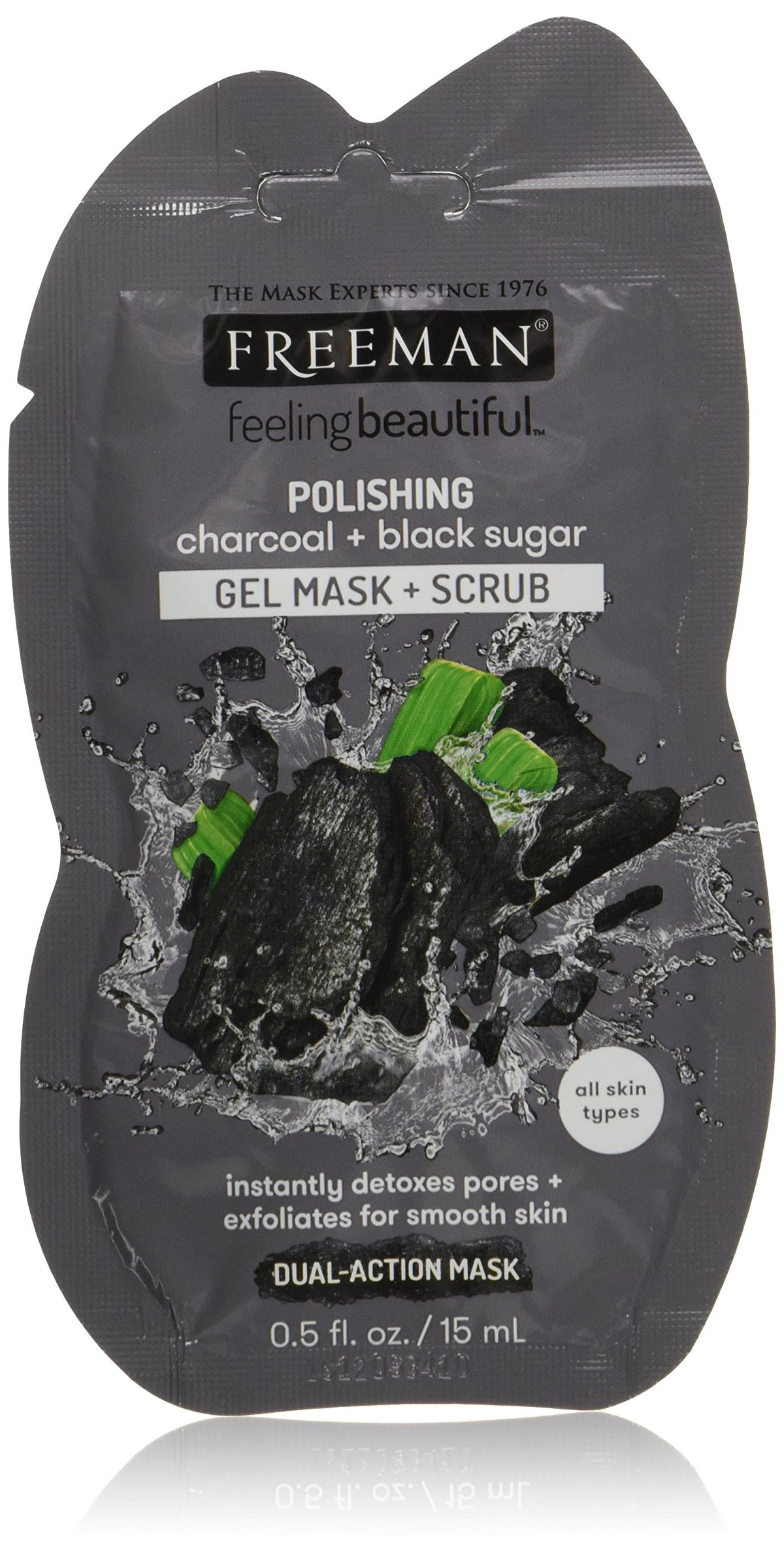 Freeman Charcoal & Black Sugar Gel Facial Mask and Facial Scrub, Polishing and Exfoliating, 1 Count, 0.5 fl oz/15 mL Sachet