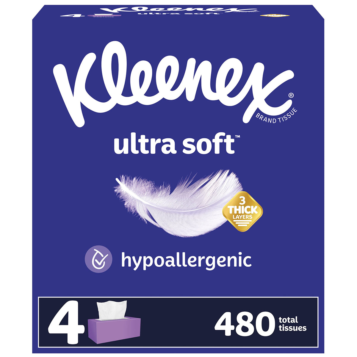 Kleenex Ultra Soft Facial Tissues, 3-Ply, Hypoallergenic, 4 Flat Boxes, 120 Tissues per Box (480 Tissues Total), White (54316)
