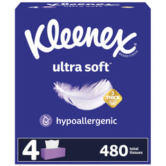 Kleenex Ultra Soft Facial Tissues, 3-Ply, Hypoallergenic, 4 Flat Boxes, 120 Tissues per Box (480 Tissues Total), White (54316)