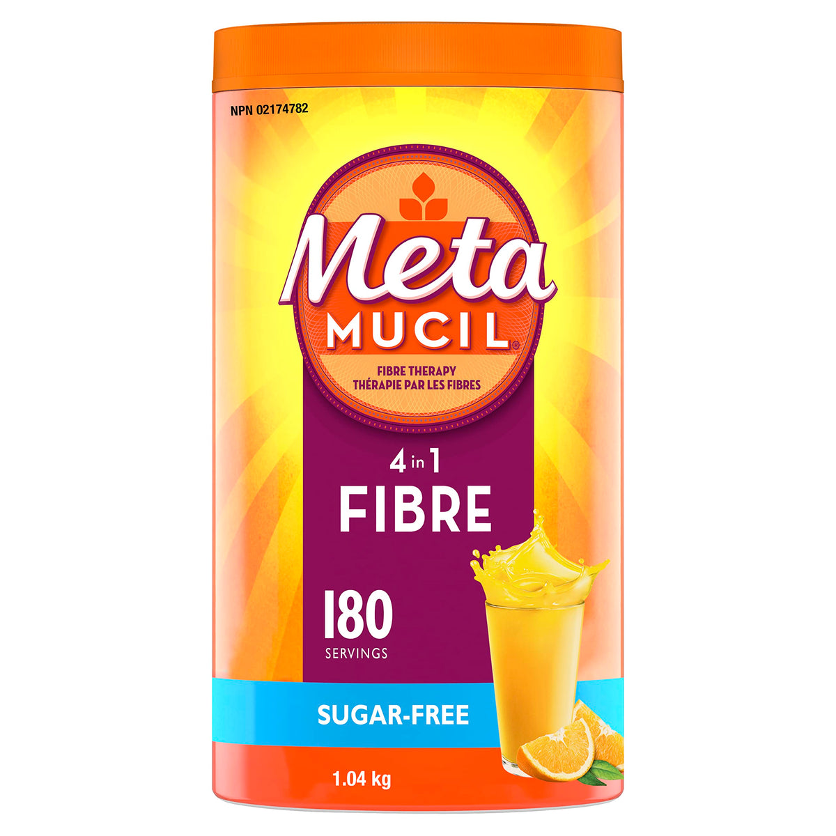 Metamucil, Daily Psyllium Husk Powder Supplement, Sugar-Free, 4-in-1 Fibre for Digestive Health, Orange Smooth Flavored Drink, 180 Servings