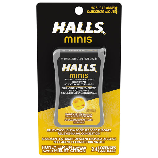 HALLS Minis No Sugar Added Honey Lemon Flavour Cough Drops, Mentho-Lyptus, 24 Lozenges, Prepared in Canada