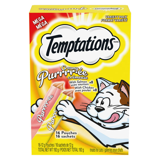 Temptations Creamy Puree Adult Lickable Cat Treats with Chicken & Salmon Variety Pack, 16 Pouches, 192g