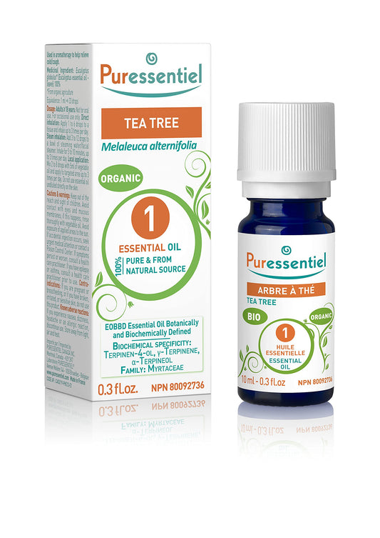 PURESSENTIEL - Tea-Tree Organic Essential Oil - Used in aromatherapy to help treat acne and pimples - 100% pure and natural - 10ml, 0.34 Fl Oz