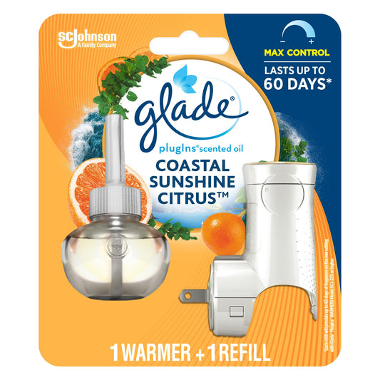 Glade PlugIns Air Freshener Oil Refill, Scented and Essential Oils for Home and Bathroom, Coastal Sunshine Citrus, 1 Warmer 1 Refill