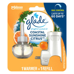 Glade PlugIns Air Freshener Oil Refill, Scented and Essential Oils for Home and Bathroom, Coastal Sunshine Citrus, 1 Warmer 1 Refill