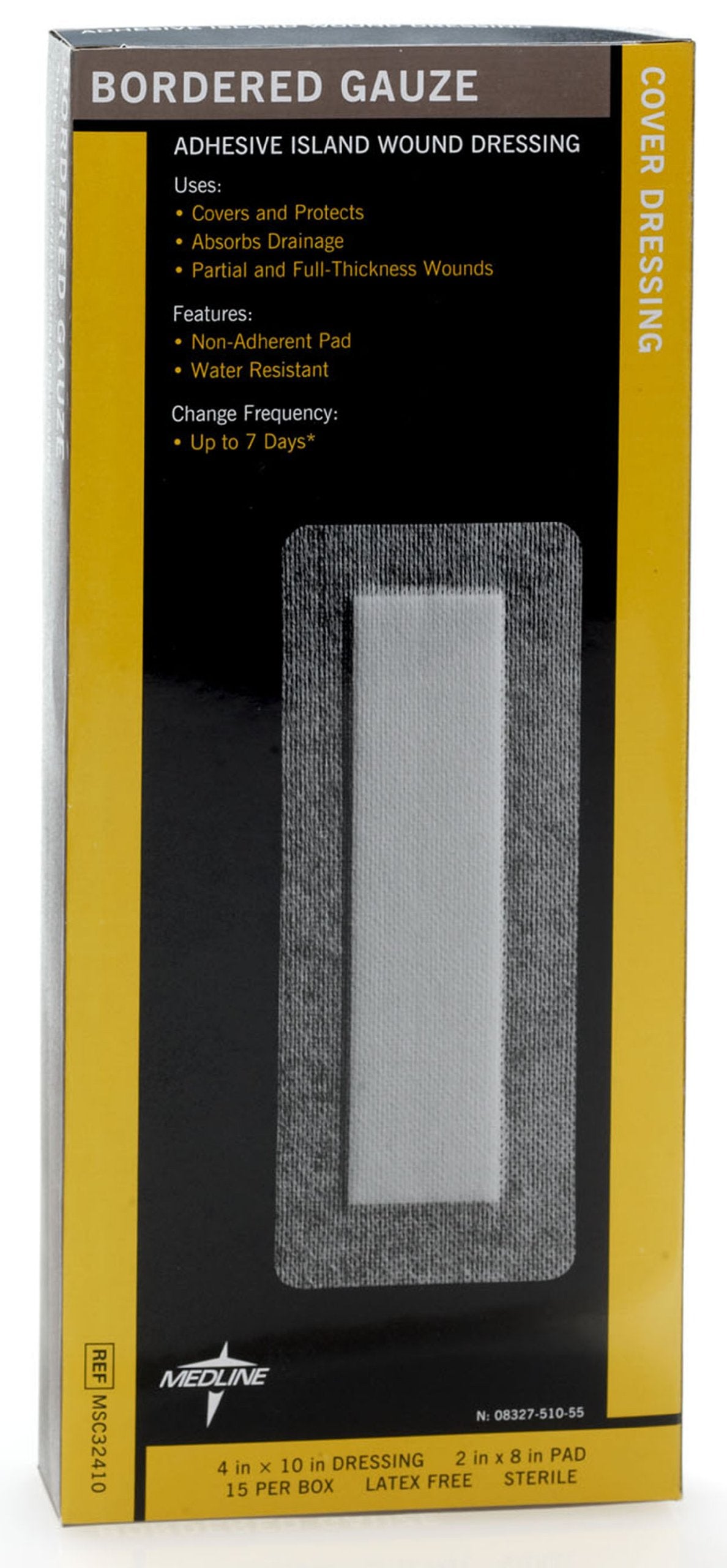 Medline Bordered Gauze Adhesive Island Wound Dressing, 4" x 10" with 2" x 8" Pad, 15 Per Box