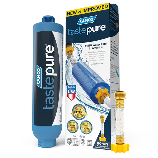 Camco Tastepure RV Water Filter - New & Advanced RV Inline Water Filter with Flexible Hose Protector - GAC & KDF Filtration - Made in USA - Camping Essentials for Fresh Drinking Water (40043)
