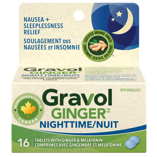 Gravol Ginger Nighttime Tablets - Made in Canada - Nausea & Sleeplessness Relief, with 20 mg Organic Ginger Extract & 3 mg Melatonin - 16 Tablets