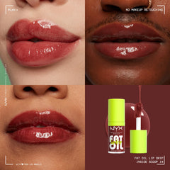 NYX Professional Makeup Lip Gloss, High Shine, Non-Sticky Finish, 12H Hydration, With Squalane, Rapsberry and Cloudberry Oils, Fat Oil Lip Drip, Shade: Inside Scoop (Creamy Plum Brown)