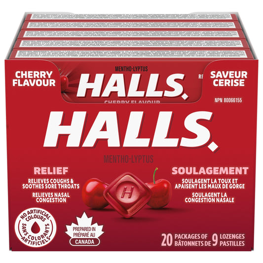 HALLS Cherry Flavour Cough Drops, 20 Packs of 9 lozenges, Throat Lozenges, Sore Throat Relief, Relieves Cough, Mentho-Lyptus, Prepared in Canada