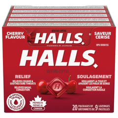 HALLS Cherry Flavour Cough Drops, 20 Packs of 9 lozenges, Throat Lozenges, Sore Throat Relief, Relieves Cough, Mentho-Lyptus, Prepared in Canada