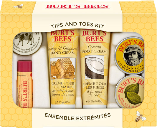 Burt's Bees Tips and Toes Kit, 6 Products, Lip Balm, Almond Milk Hand Cream, Hand Salve, Honey and Grapeseed Hand Cream, Cuticle Cream & Foot Cream, Travel Size, Stocking Stuffer, Christmas Gift