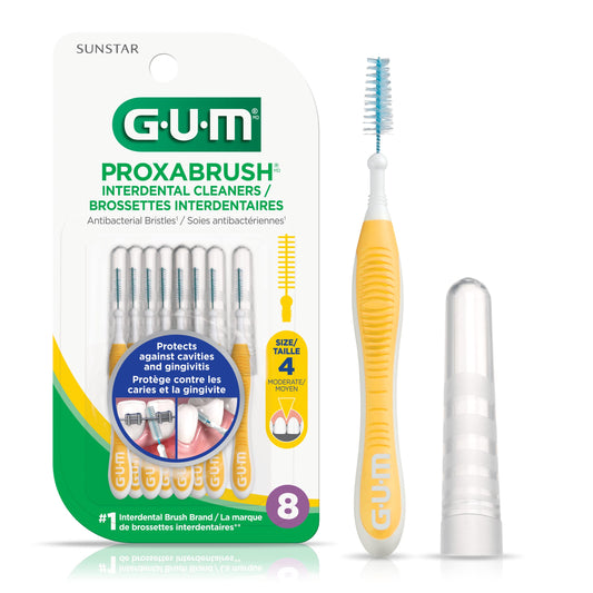 GUM Proxabrush® Reusable Interdental Cleaners, Antibacterial Bristles, Protective Travel Cap, 1514N, Yellow, Size 4, Moderate, 8 Count