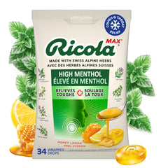 Ricola MAX Throat Care Honey Lemon Drops with Extra Menthol Liquid Centre - Maximum Cough and Sore Throat Relief for Cold & Flu Symptoms - 34 Count - Herbal Lozenges