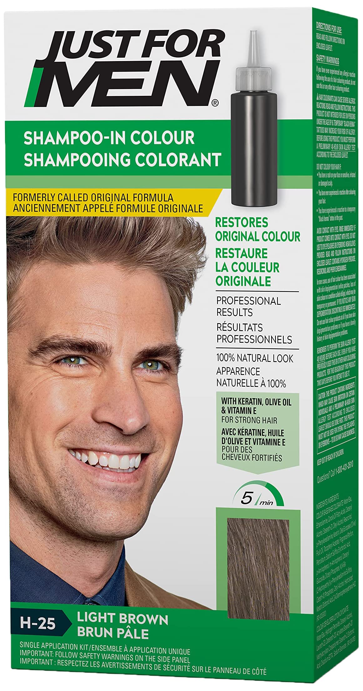 Just For Men Shampoo-In Color, Hair Color for Men with Keratin and Vitamin E for Stronger Hair - Light Brown, H-25, Pack of 1