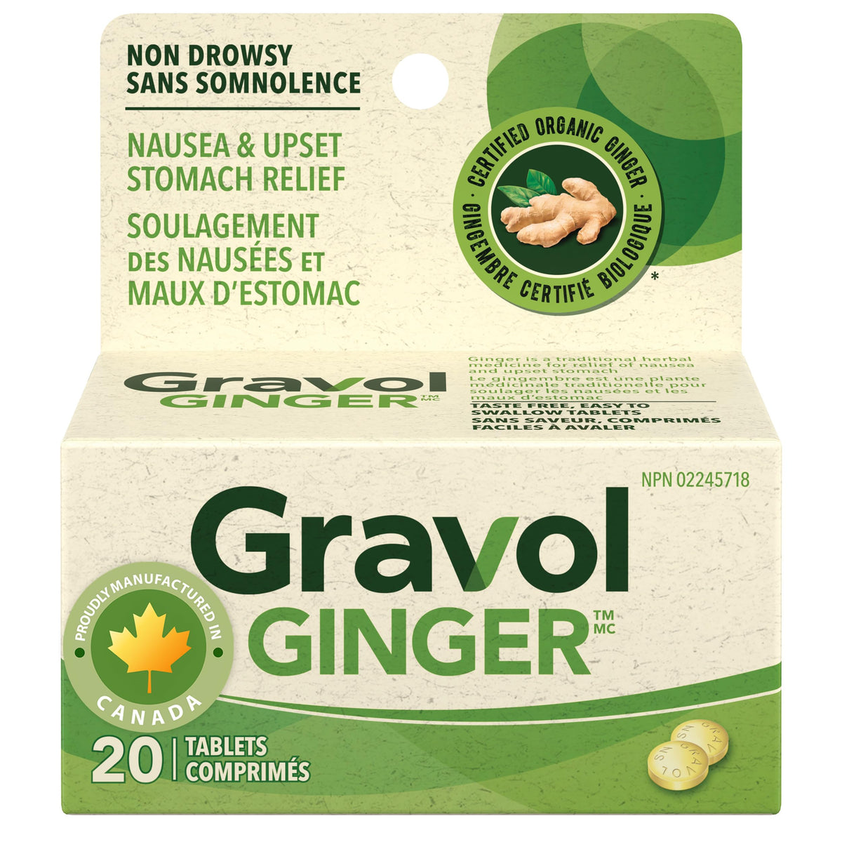 Gravol Ginger - Anti Nausea and Upset Stomach Relief with Organic Ginger Extract - Made in Canada - Non-Drowsy, Taste-Free and Easy to Swallow - 20 Tablets (Pack of 1)