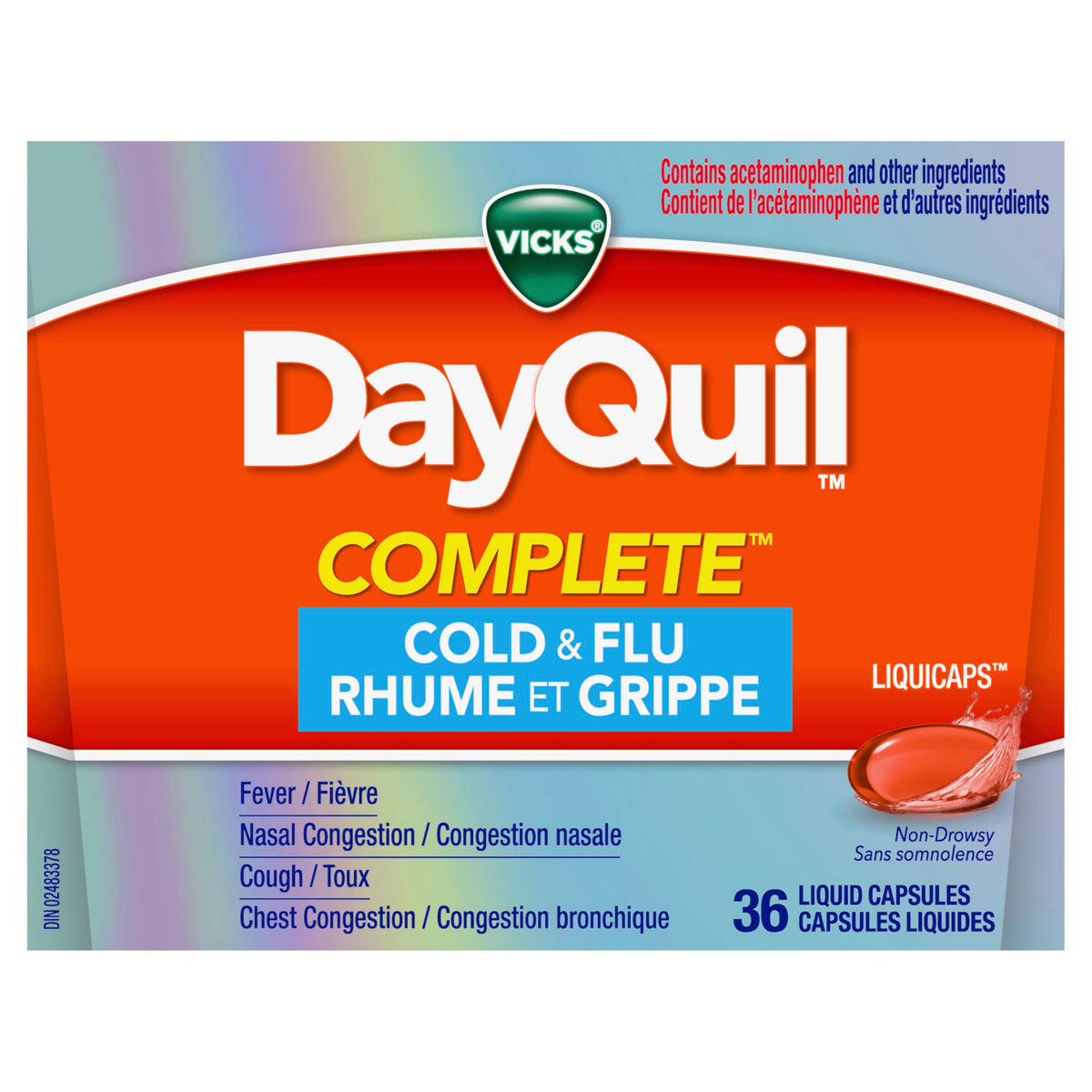 Vicks DayQuil COMPLETE Cold and Flu Symptom and Congestion Relief LiquiCap, Non-Drowsy Daytime Relief for 9-Symptoms, 36ct