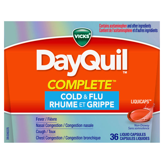 Vicks DayQuil COMPLETE Cold and Flu Symptom and Congestion Relief LiquiCap, Non-Drowsy Daytime Relief for 9-Symptoms, 36ct