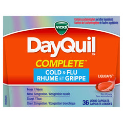 Vicks DayQuil COMPLETE Cold and Flu Symptom and Congestion Relief LiquiCap, Non-Drowsy Daytime Relief for 9-Symptoms, 36ct