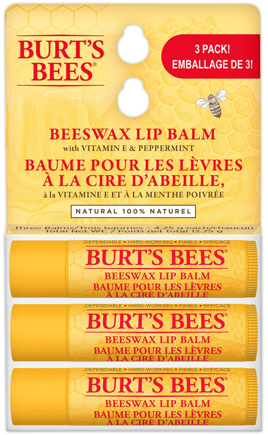 Burt's Bees 100% Natural Origin Moisturizing Lip Balm for Dry Chapped Lips, Get Soft and Hydrated Lips - Pack of 3 - Original Beeswax with Vitamin E & Peppermint Oil for Lip Repair