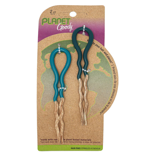 GOODY Planet French Hair Pins - 2 Ct, Green & Blue, Soft & Strong Bamboo Fabric, Comfortable All-Day Wear, Pain-Free Styling Accessories for Women, Men, Boys & Girls, All Hair Types