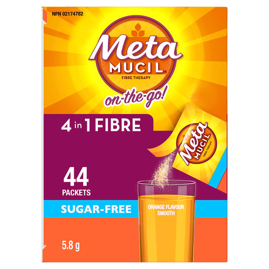 Metamucil, Daily Psyllium Husk Powder Supplement Packets, Sugar-Free, 4-in-1 Fibre for Digestive Health, Orange Smooth Flavored Drink, 44 Servings