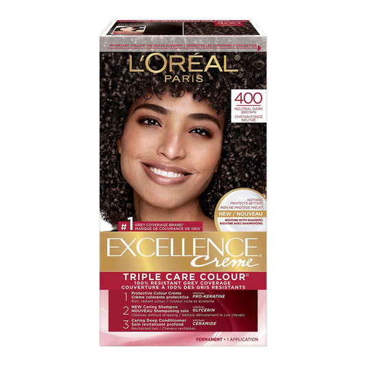 L’Oréal Paris Excellence Crème Permanent Hair Color, 400 Natural Dark Brown, 100% Grey Coverage, Hair Dye, 1 EA (Packaging May Vary)
