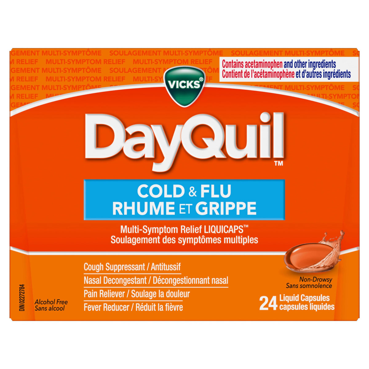 Vicks DayQuil Cold and Flu Medicine, Cough Suppressant, Nasal Decongestant, Pain & Fever Reducer, Non-Drowsy Formula, 24 Liquid Capsules