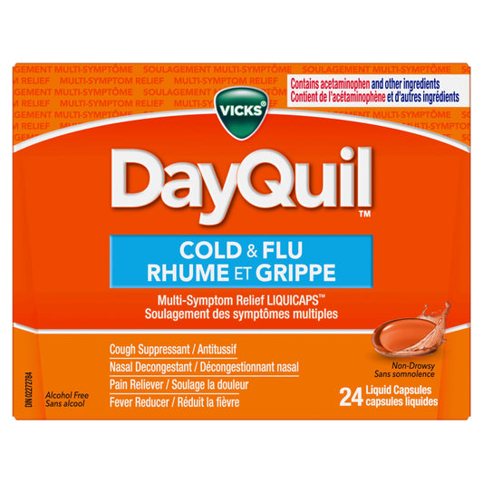 Vicks DayQuil Cold and Flu Medicine, Cough Suppressant, Nasal Decongestant, Pain & Fever Reducer, Non-Drowsy Formula, 24 Liquid Capsules