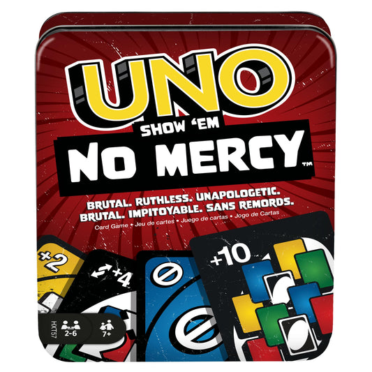 Mattel Games UNO Show ‘em No Mercy Card Game in Storage & Travel Tin for Kids, Adults & Family Night with Extra Cards, Special Rules & Tougher Penalties