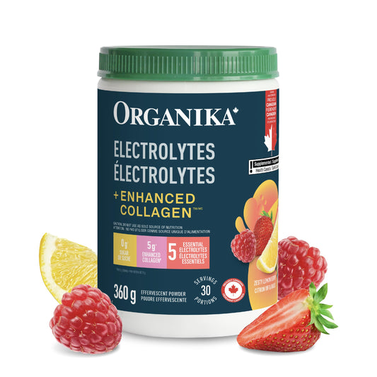 Organika Canadian-Made Electrolytes + Enhanced Collagen - Zesty Lemon Berry Flavour - Sugar-Free Hydration | 5g Protein + 100% of Daily Vitamin C | 360g, 30 Servings