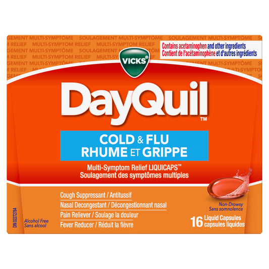 Vicks DayQuil Cold and Flu Medicine, Cough Suppressant, Nasal Decongestant, Pain & Fever Reducer, Non-Drowsy Formula, 16 Liquid Capsules
