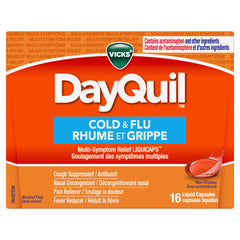 Vicks DayQuil Cold and Flu Medicine, Cough Suppressant, Nasal Decongestant, Pain & Fever Reducer, Non-Drowsy Formula, 16 Liquid Capsules